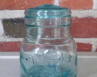 Vintage Hazel Altas E-Z Seal Aqua Glass Canning Jar with Lid Pint Size Ball Blue Turquoise Mason Retro Kitchen Country Farmhouse