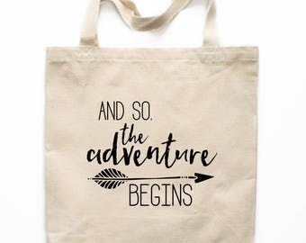 Canvas Tote Bag, Adventure Begins Tote Bag, Cotton Canvas Tote Bag, Printed Tote Bag, Market Bag, Shopping Bag, Reusable Grocery Bag 0050