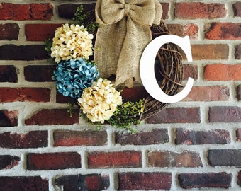 Cream Hydrangea Wreath-Mother's Day Gift-Summer Wreath-Spring Wreath-Year Round Wreath-Front Door Wreath-Monogram Summer Wreath-Wreaths