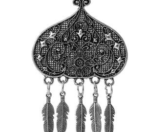 79 mm x 49 mm Antique Silver Pendant, Flowers and Feathers (1168)