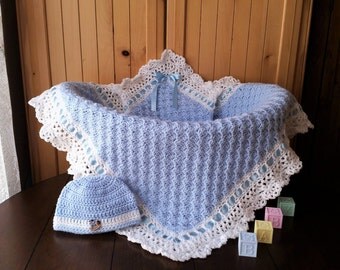 crochet baby blanket set, baby boy blanket and hat set, baby shower gift set