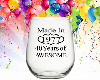 40th Birthday Gifts for Women, 40th Birthday Gift for Men, 40th Birthday Party, Made in 1977, Personalized Birthday Gift, Birthday Glass