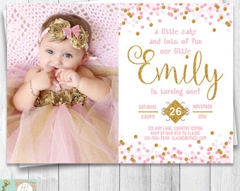 Pink Princess First Birthday Invitation, Pink & Gold Confetti Invitation, Girl's Birthday Invite With Picture, Printable Card, Digital Card