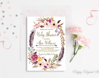 Floral Baby Shower Invitation Printable Boho Baby Shower Invite Gold Foil Typography Bohemian Baby Shower Spring Baby Shower Digital File