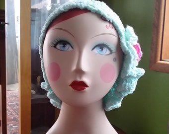 Crocheted chenille hat or wig, chemo headwear, chemo hat, chemo wig with frill