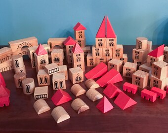 Vintage Wooden Village Blocks - Set of 90 - Red and Natural