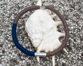 Handmade necklace boho cashmere yarn, aluminum and minimal stainless steel-green and beige, blue and sand, grey and white