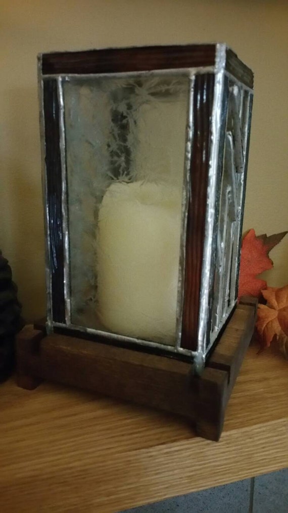 Stained glass hurricane style candle holder with wooden base