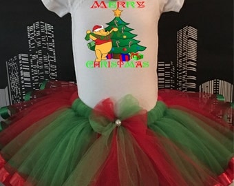 Winnie the Poo Christmas Tutu, Infant, Toddler, Red and Green for Parties, Dance, Playdates, Holiday, Onesie or Toddler Shirt, Hair Bow Set