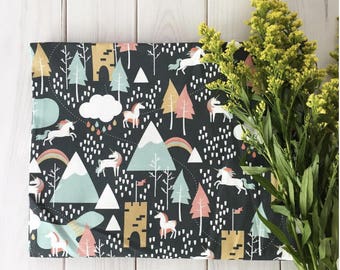 Unicorn Love in Mountains and Rainbows Fabric by the Yard. Quilting Cotton Organic Knit Jersey Minky. Rainbow Fantasy Unicorns Girl Nursery