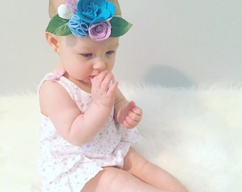 Blue & Lavender Felt Flower Headband - Mommy and Me - Flower Crown - Flower Headband - Baby Headband - Fascinator headband - baby gift