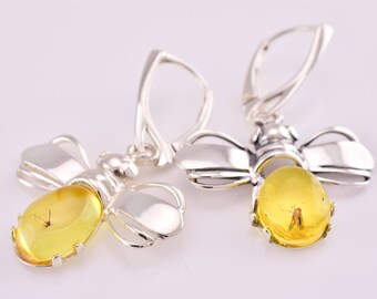 Amber Earrings, Fashion Earrings, Insects Earrings, Silver Dangle Earrings, Amber Jewelry, Amber, Earrings, Amber Inclusions,