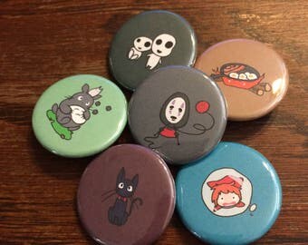 Studio Ghibli Buttons - Set of 6 (No Face, Kodama, Calcifer, Ponyo, Totoro, Jiji the Cat)