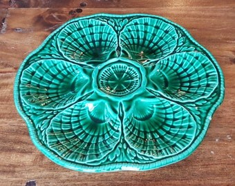 Fabulous French Oyster Platter made in Sarreguemines, France. Antique Majolica Porcelain, in glossy green glaze. Excellent condition.
