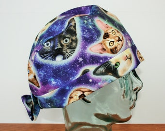 Cat Heads in Space, Animals, Surgical Scrub Hat, Scrub Cap, Women's Tie Back Hat, Scrub Caps By Daisy