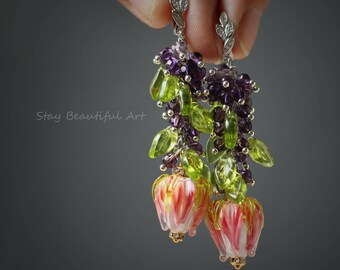 Natural Amethyst and Handmade Lampwork Flowers Earrings with Silver CZ Details. Dangle Drop Earrings