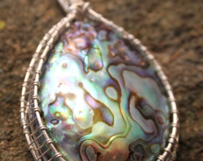 Abalone Shell Bead Silver Wire Wrap Pendant; Wire Weave Ocean Beach Jewelry, Earthy BoHo Hippie Necklace, Colorful Blue, Green & Purple