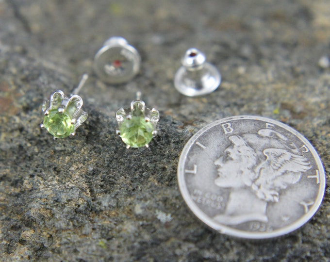 Peridot Silver Post Earrings, Lime Green Gemstone Studs, 4mm Peridot Gemstone, August Birthstone, Sterling Buttercup Setting & Bullet Clutch