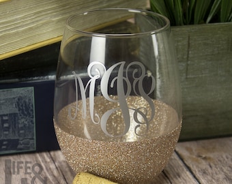 Monogram Wine Glass - Glittered Stemless Wine Glass - Monogrammed Glass - Glitter Dipped - Custom Wine Gift - Wedding Gift