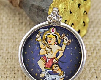 Miniature pendant. Silver pendant. Handame portrait pendant. Kali pendant. Silver Pendant with miniature of Kali. Pendant handpainted.