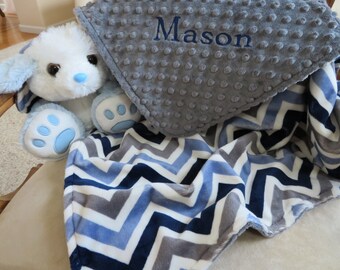 Minky Baby Blanket, Personalized Baby Boy Blanket, Navy Gray Chevron Baby Boy Blanket, Baby Gift, Baby Shower Gift, Minky Baby Blankets