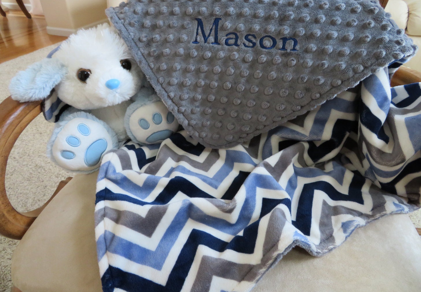 Baby Blanket Personalized Baby Boy Blanket Navy Gray Chevron