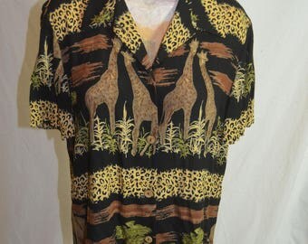 Womens Safari Print Giraffe Elephant Button Front Shirt - Size 12