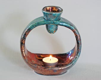O-roma (Bronze - Turquoise Raku fired Ceramic Oil Burner, Oil Warmer)