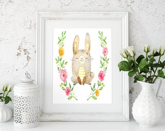 Woodland cute bunny, Woodland nursery bunny, Nursery prints, Nursery bunny print, Rabbit print, Watercolor bunny, Forest animals art, Prints