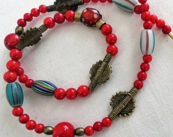 African Beads, red coral, bronze beads, necklace, eye beads