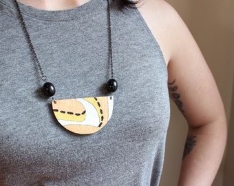 Leather Necklace - Hand Painted Jewelry - Statement Necklace - Orange Necklace - Recycled Jewelry - Funky Jewelry - Handmade Jewelry