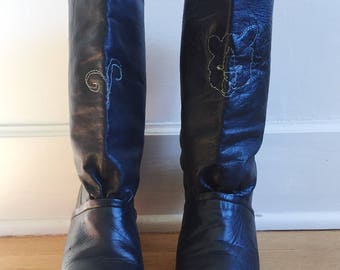 Vintage Hand-Embroidered Leather Slouchy Mid-Calf Boots
