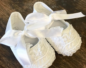 Baby satin ballet shoes with beaded lace christening shoes baptism