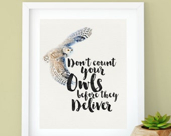 Harry Potter Hedwig Owl, Watercolor and Calligraphy Print, Don't Count Your Owls Before The Deliver, Digital Print, Instant Download, Decor