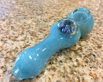 Glass Smoking Pipe, Light Ocean Blue,Borosilicate Glass Pipe With Embedded Flower Pedals, Tobacciana Hand blown, glass smoking Hand Pipe