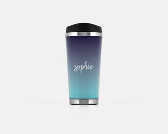 Custom Coffee Travel Mug, Ombre Travel Mug, Blue Travel Tumbler, Personalized Coffee Cup, Stainless Steel Mug, To Go Coffee Cup, 16 oz
