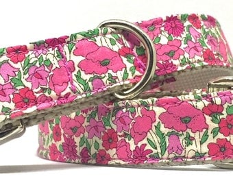 Adjustable dog collar, liberty of london, pink, floral, leash set, metal buckle, feminine, girly, quality