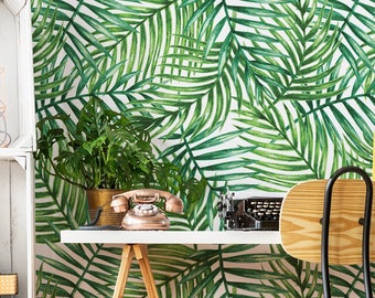 Removable Wallpaper //Peel & Stick // Repositionable // Palm Leafs Flowers // Easy and Fast Remove // Floral // EXOTIC LEAFS Pattern #041