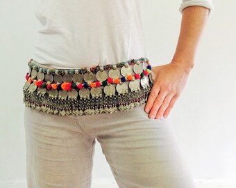 Vintage Kuchi Tribal Belt. Coined Beaded and Pompoms! Belly Dance, Boho, Festival Wear