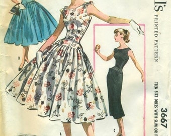 McCall's 3667 Drop Waist Sheath or Pleated Skirt Dress 1950s ©1956