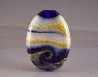 Lampwork Glass Focal Bead - tab bead in blue, white and gold