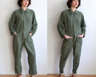 Vintage Green Army Coveralls/ Distressed Fitted Coveralls/ Green Cotton Sateen Military Suit/ Small
