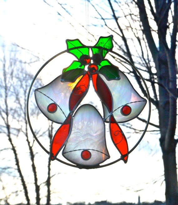 Items similar to Christmas Bells Stained Glass Panel Silver Bells Holiday Decoration on Etsy