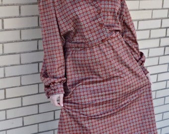70s plus size clothing, shirtwaist dress plus size, XL vintage rust print dress, 1970s extra large tea length dress