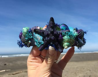 Mermaid Crown, Mermaid Headdress, Headband, Handmade, Mermaid Costume, Sea Shells, Starfish, Crystals, Head Piece, Jewel Crown