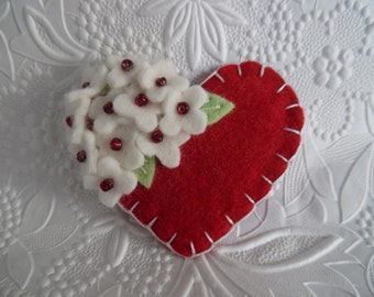 Felt Flower Brooch Red Heart Pin Beaded Flowers Valentines Day