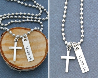 SALE • Mens Cross Necklace • Boys Baptism Gift Idea • Boys Confirmation Gift • Personalized Baptism Date •Silver Cross Jewelry•Mens Necklace