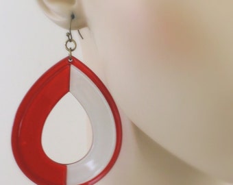 Statement Earrings - Red Earrings - White Earrings - Retro 60's Earrings - Boho Earrings - Teardrop Festival Jewelry - handmade jewelry