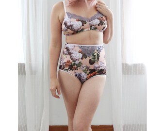Vintage Style Floral Lingerie 'Lilac' Pink and Purple Highwaist Panties Set Made to Order