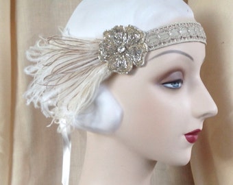 1920s flapper headdress or edwardian headband with floral headpiece of antique beads with ivory and brown feathers - Delia - made to order